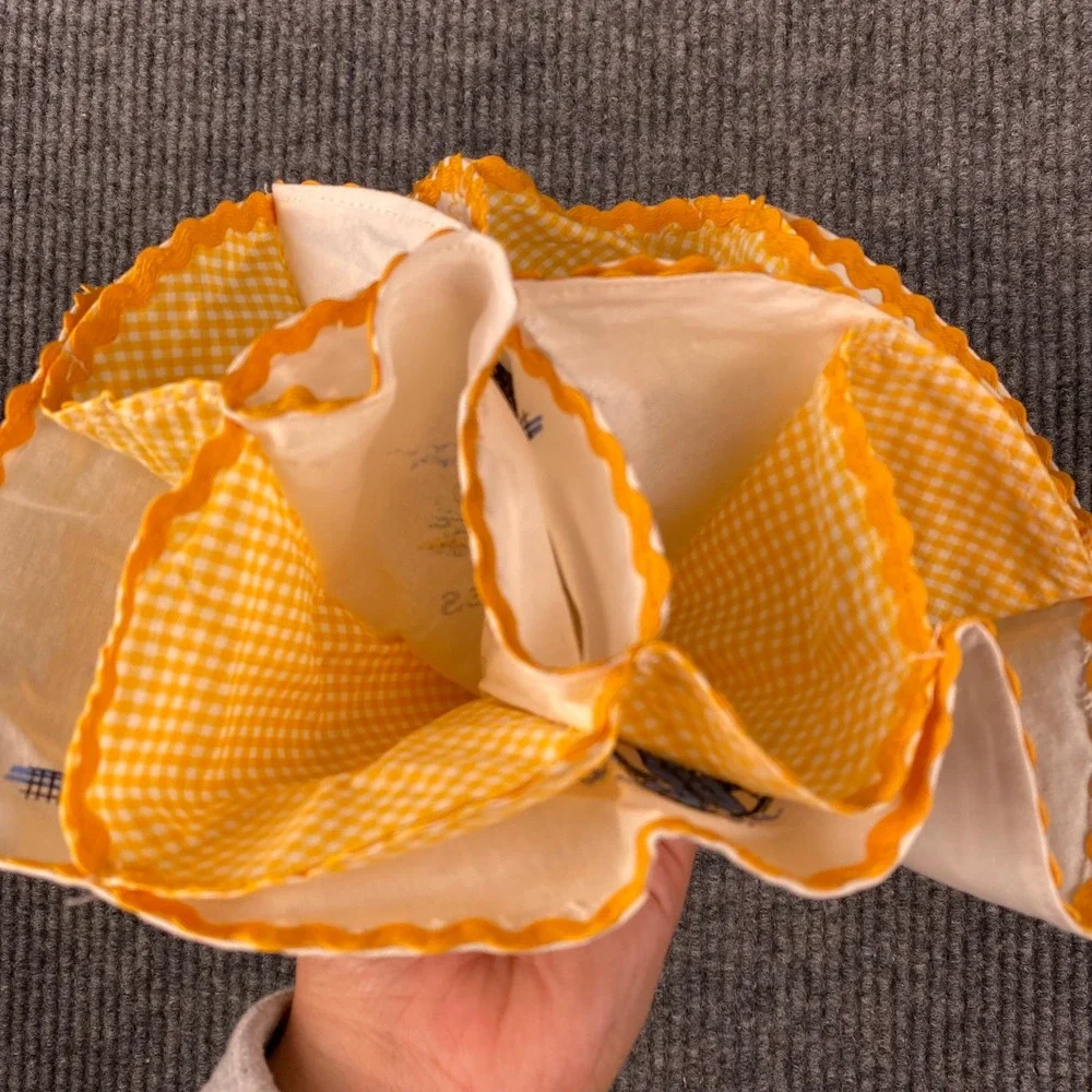 Vintage Azores Portugal Souvenir Bread Basket Liner Yellow Gingham Ric Rac 11.5